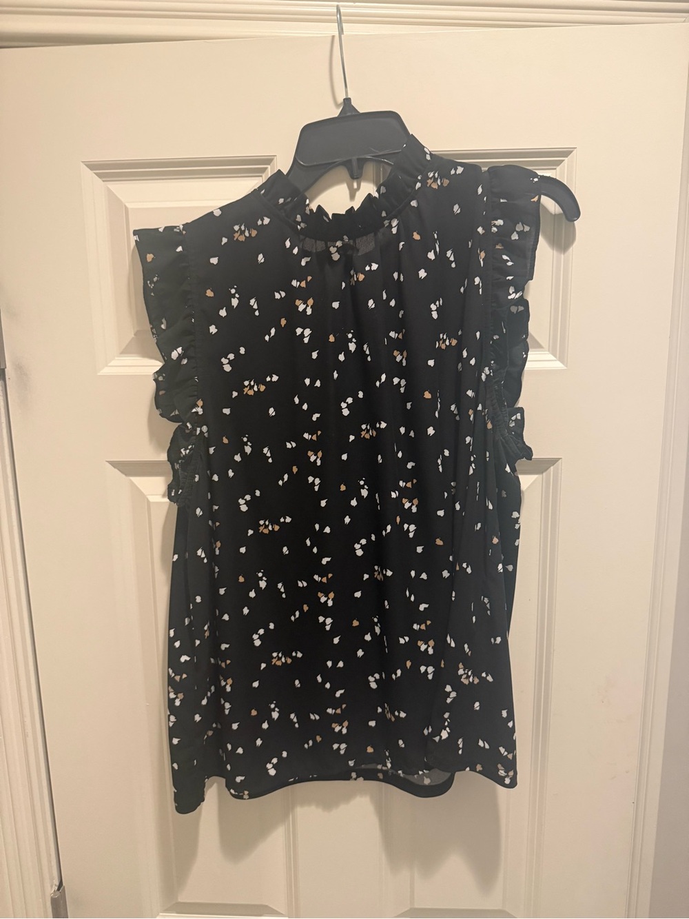Ann Taylor Black Ruffle Mock-Neck Blouse with White and Tan Dots